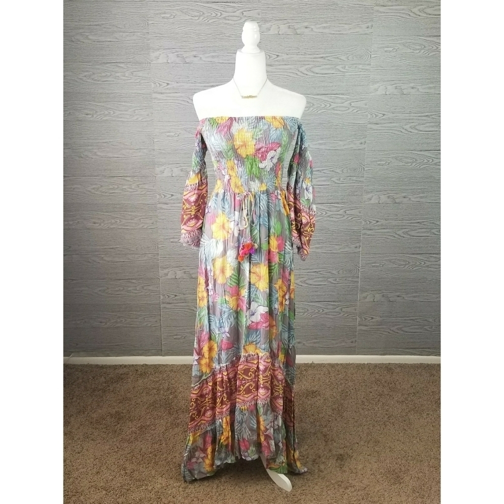 ALTAR'D STATE // flowy boho-chic floral off shoulder smocked maxi dress - Picture 2 of 16
